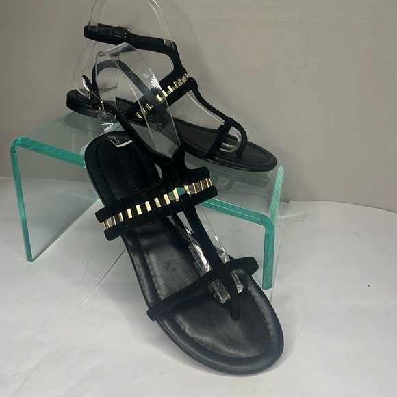 Sigerson Morrison Sz 6 Black Suede Gold Leather TStrap Ankle Strap Flat Sandals - Picture 3 of 11